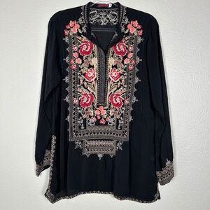 Johnny Was size M meadow tunic top black long sleeve embroidered cupra rayon